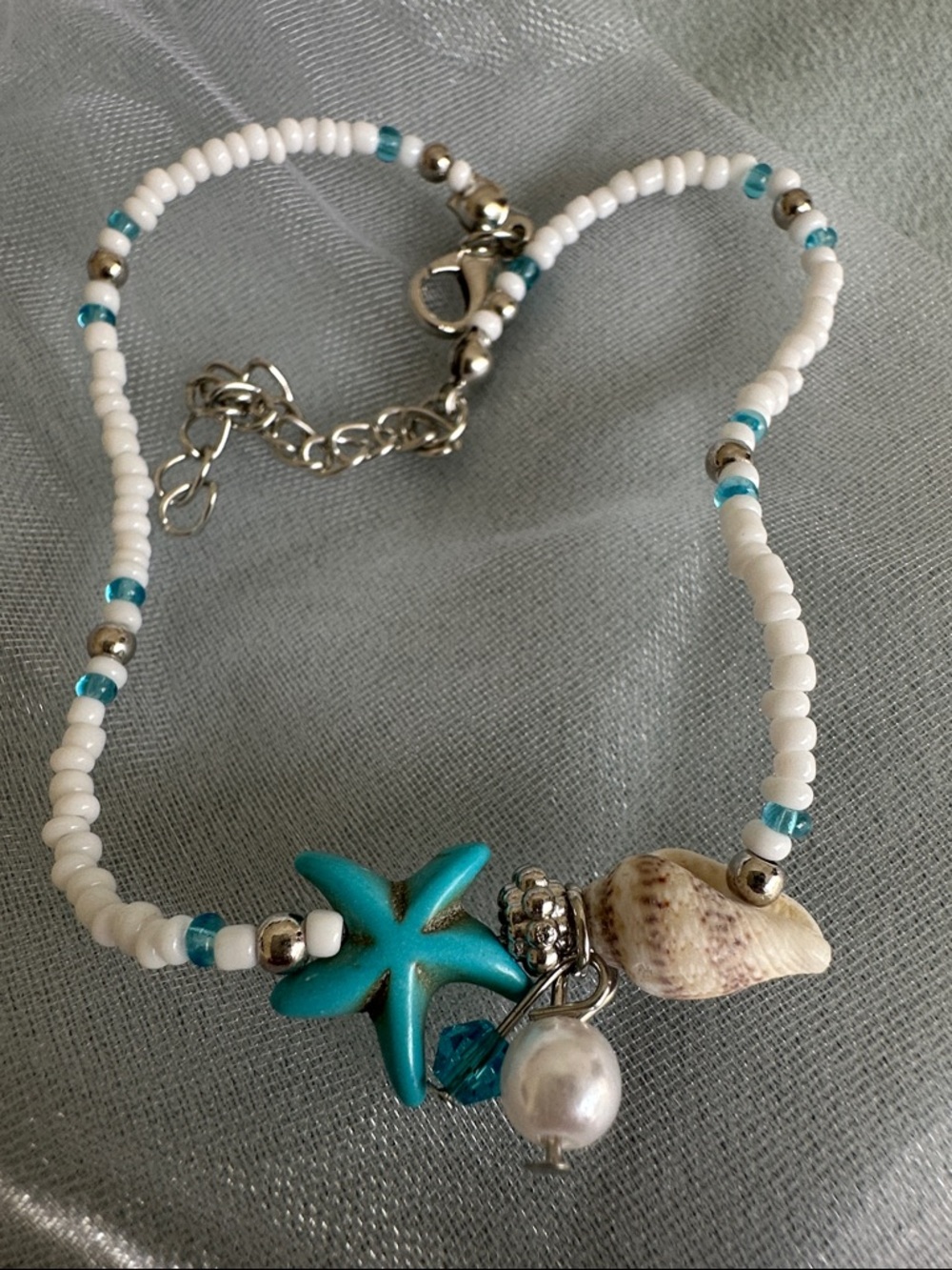 Anklet, Ankle Bracelet Adjustable White & Turquoise Beaded Starfish Shell &Pearl
